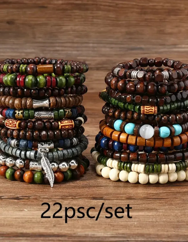 22-Piece Set Vintage Style Bohemian Wooden Beaded Bracelets, Synthetic Turquoise and Cat's Eye Beads, Fashionable Stacking Brace