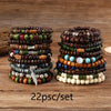 22-Piece Set Vintage Style Bohemian Wooden Beaded Bracelets, Synthetic Turquoise and Cat's Eye Beads, Fashionable Stacking Brace