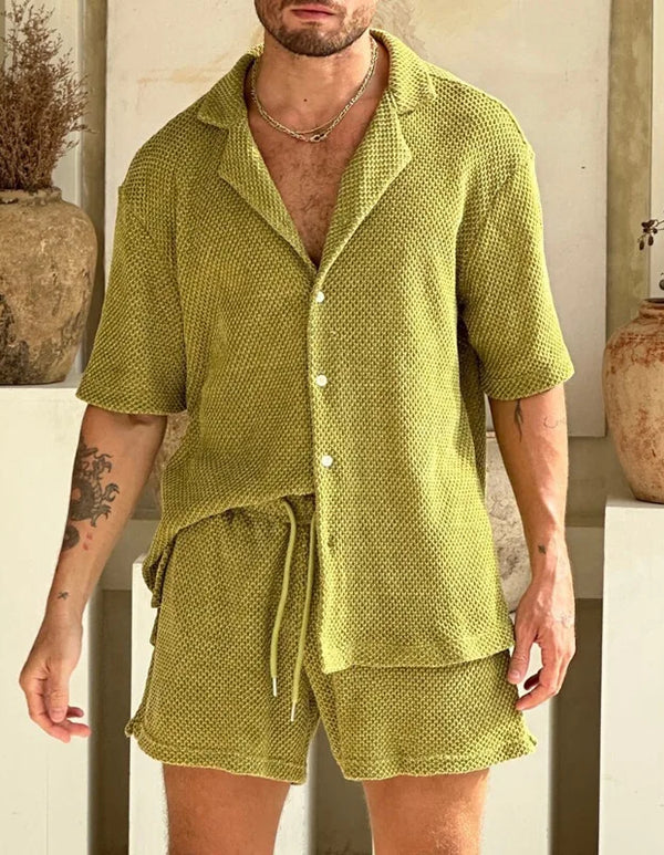 2025 Men's Beach Style Breathable Knitted Set Summer Casual Pure Color Short Sleeve Knit Shirt And Shorts Two-Piece Suit Outfit