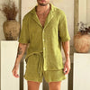 2025 Men's Beach Style Breathable Knitted Set Summer Casual Pure Color Short Sleeve Knit Shirt And Shorts Two-Piece Suit Outfit