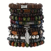 22-Piece Set Vintage Style Bohemian Wooden Beaded Bracelets, Synthetic Turquoise and Cat's Eye Beads, Fashionable Stacking Brace