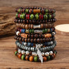 22-Piece Set Vintage Style Bohemian Wooden Beaded Bracelets, Synthetic Turquoise and Cat's Eye Beads, Fashionable Stacking Brace