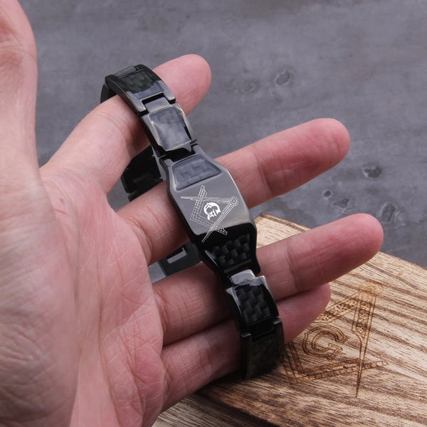 Masonic Black Magnetic Bracelet Men Stainless Steel Hand Chain ID Bracelets Carbon Fiber Magnetic Health Energy Bracelet for Men