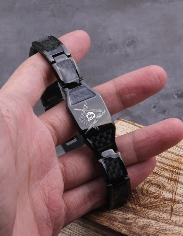 Masonic Black Magnetic Bracelet Men Stainless Steel Hand Chain ID Bracelets Carbon Fiber Magnetic Health Energy Bracelet for Men
