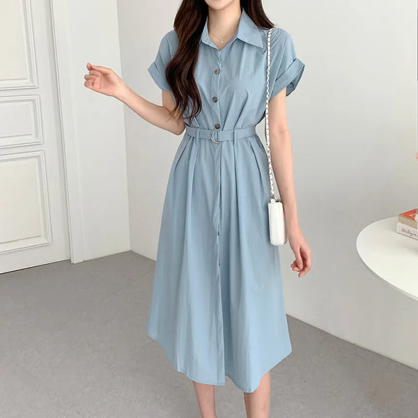 REALEFT Spring Summer Vintage Women's Shirt Dresses Sashes 2025 New Short Sleeve Batwing Sleeve Casual Loose A-line Dress Female