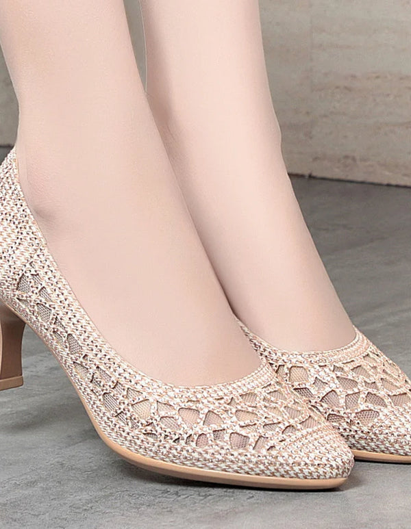 Summer Single Shoes Mesh Breathable Versatile High Heels Women's Shoes Middle-Aged Temperament Pointed Toe Shallow Mouth Shoes