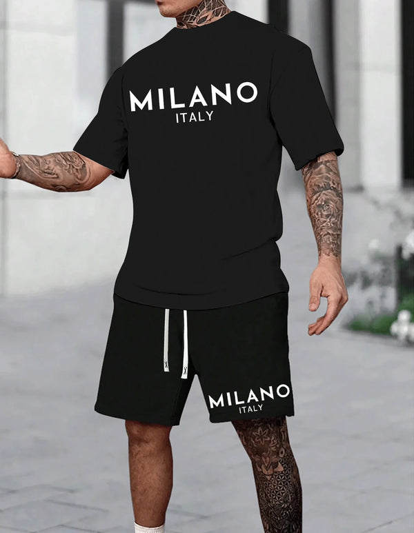 MILANO ITALY Letter Print Men's Two-Piece Set，Casual round neck short sleeves T Shirt and Pocket Drawstring Shorts，Cool and Comf