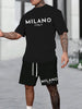 MILANO ITALY Letter Print Men's Two-Piece Set，Casual round neck short sleeves T Shirt and Pocket Drawstring Shorts，Cool and Comf