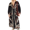 Women's 2025 Spring Bohemian Printed Tie High Waist  Long Sleeve V-Neck  Fashion Waist Dresses