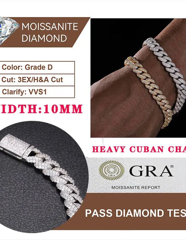 Fine Jewelry VVS1 D Color Moissanite Cuban Chain Bracelet For Men Luxury S925 Silver Bracelet For Men Hip Hop Jewelry