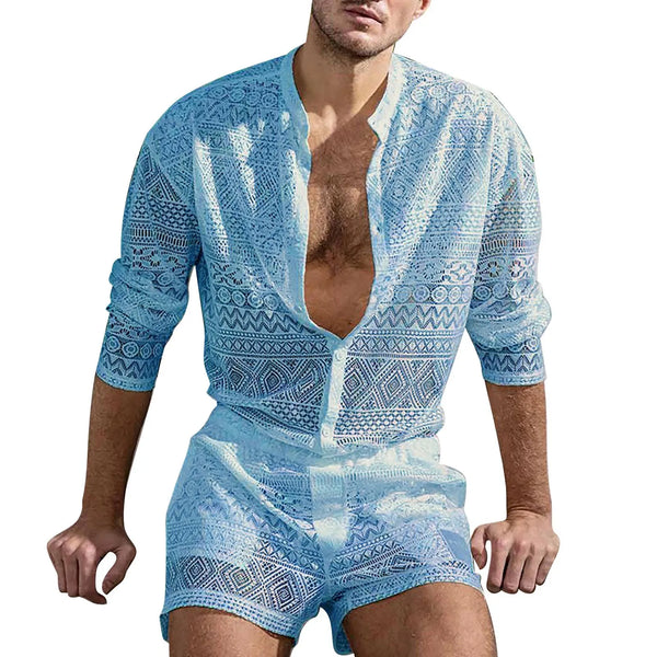 Long Sleeve Shirt set see through Fashion Suit Men'S Comfort Matching Suit Summer Suit Breathable shorts Sportswear Chemise 