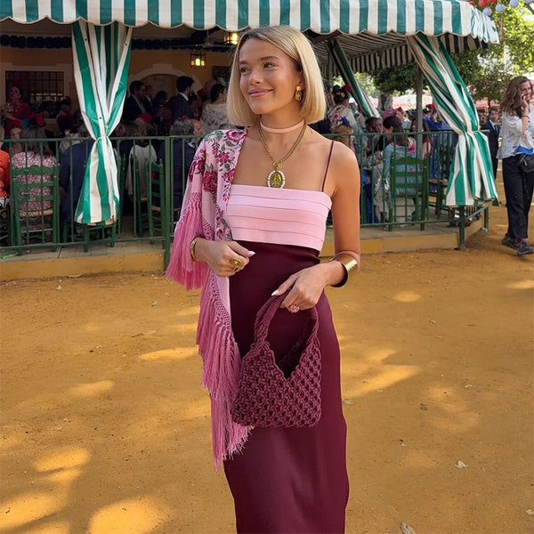 Halter Color Patchwork Strapless Dress High Waisted Drape Slimming Layered Strap Long Dress Suspender Robes Women's Clothing