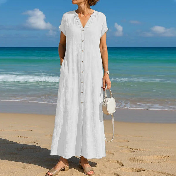 Summer Beach Holiday Maxi Dresses For Women Casual V Neck Short Sleeve Button Shirt Dress Women Loose Long Dress Boho