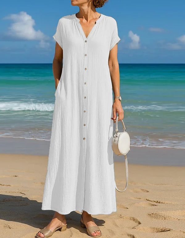 Summer Beach Holiday Maxi Dresses For Women Casual V Neck Short Sleeve Button Shirt Dress Women Loose Long Dress Boho