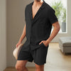 Men s Casual Two Piece Linen Outfit with Short Sleeve Button-up Shirt and Elastic Waist Shorts in Solid Color