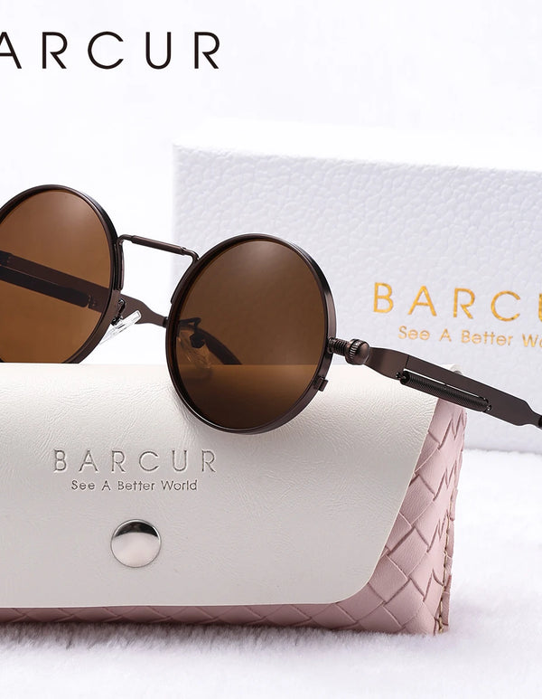 BARCUR Stylish Round Women Sunglasses Unique Spring Mirror Legs Metal Frame Steampunk Retro Sunshade UV400 Men Sunglasses