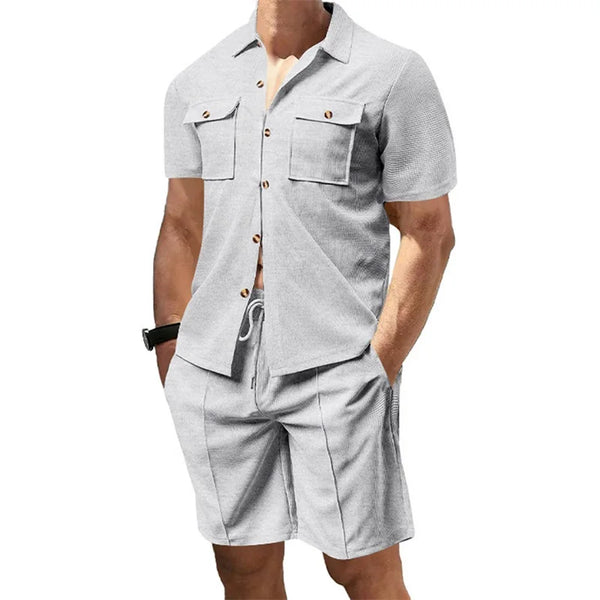 Casual Men s Summer Set Stylish Short Sleeve Button Up Shirt and Comfortable Elastic Waist Shorts in Solid Colors for Beach