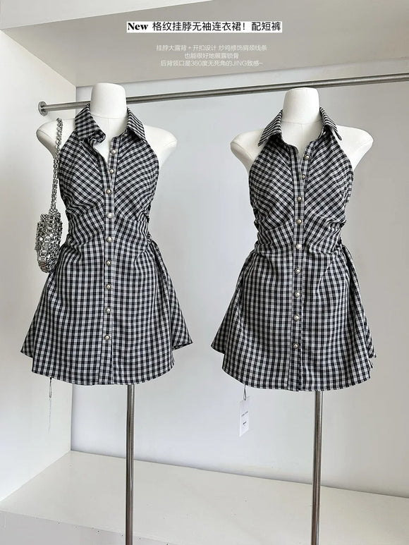 Summer Women Korean Fashion Plaid Sleeveless Mini Dress With Shorts Frock Evening Shoujo Girl Party 2000s Aesthetic Prom Gown