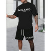 MILANO ITALY Letter Print Men's Two-Piece Set，Casual round neck short sleeves T Shirt and Pocket Drawstring Shorts，Cool and Comf