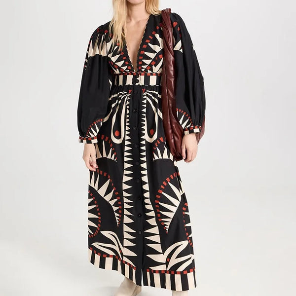 Women's 2025 Spring Bohemian Printed Tie High Waist  Long Sleeve V-Neck  Fashion Waist Dresses