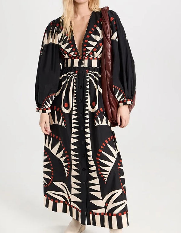 Women's 2025 Spring Bohemian Printed Tie High Waist  Long Sleeve V-Neck  Fashion Waist Dresses