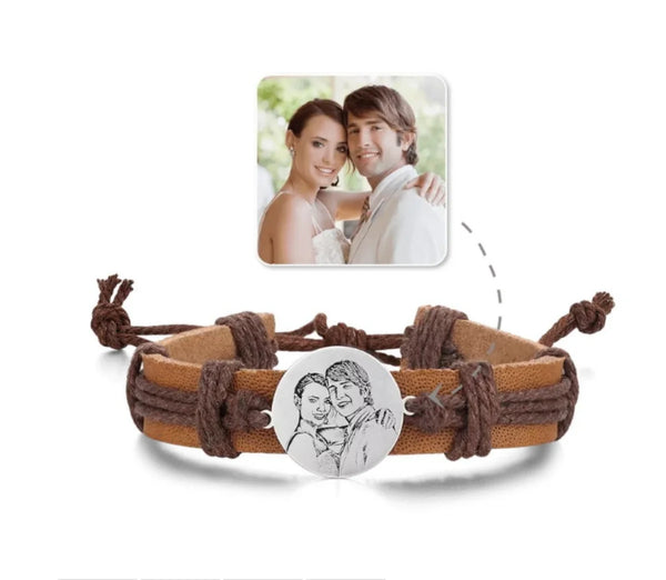 Custom Men's Round Photo Engraved Tag Bracelet Brown Leather Strap Stainless Steel Bracelets Personalized Photo Men's Jewelry