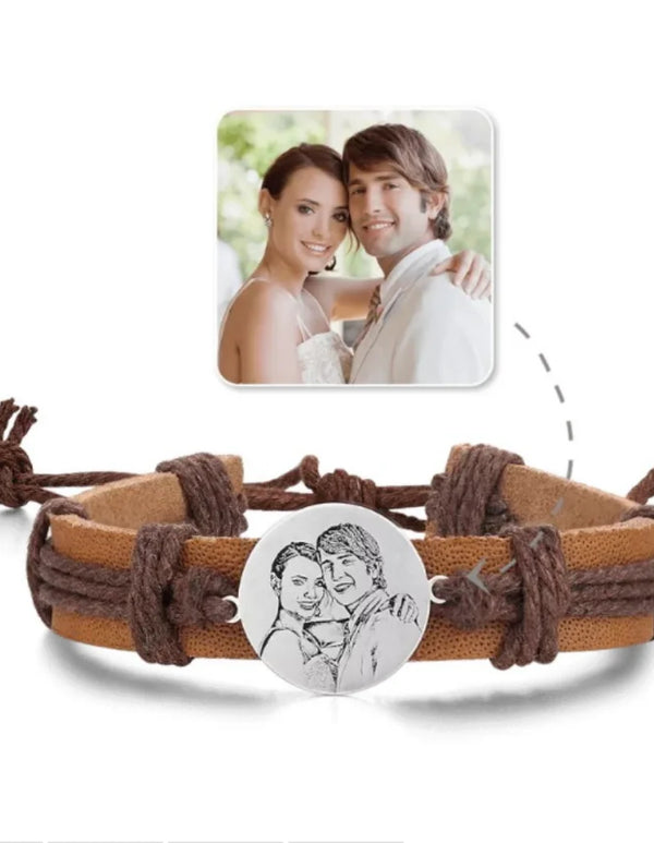 Custom Men's Round Photo Engraved Tag Bracelet Brown Leather Strap Stainless Steel Bracelets Personalized Photo Men's Jewelry