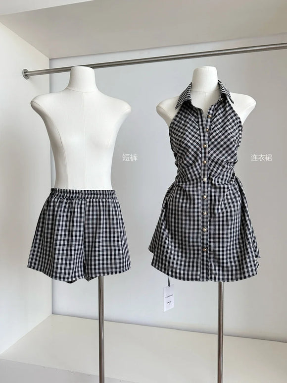 Summer Women Korean Fashion Plaid Sleeveless Mini Dress With Shorts Frock Evening Shoujo Girl Party 2000s Aesthetic Prom Gown