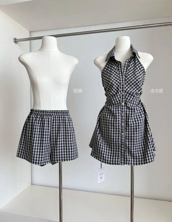 Summer Women Korean Fashion Plaid Sleeveless Mini Dress With Shorts Frock Evening Shoujo Girl Party 2000s Aesthetic Prom Gown