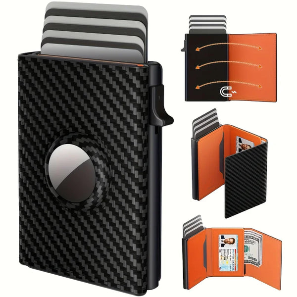 Slim RFID Aluminum Wallet for Men – Leather Pop-up Card Holder, 10-14 Slots, ID Window, Cash Compartment, Carbon Fiber Look
