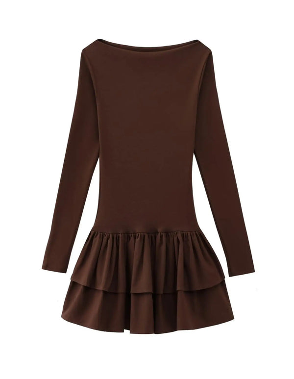 TRAF 2025 Fashion Women Solid Tierred Mini Dresses New Elegant O-neck Long Sleeve Slim Ruffles Party Dress Summer Streetwear