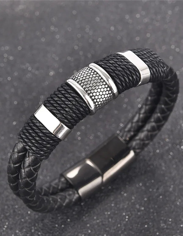 Fashion Black Braid Woven Leather Bracelet Titanium Stainless Steel Bracelet Men Bangle Men Jewelry Vintage Gift