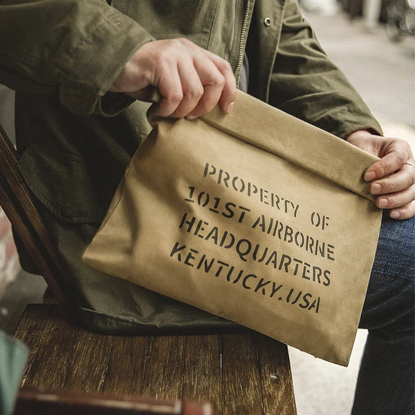 Maden Oil Wax Canvas Handbag Men's Vintage Handbags Khaki Print Purse Envelope Capacity Money Bag Magnetic Buckle Long Wallet