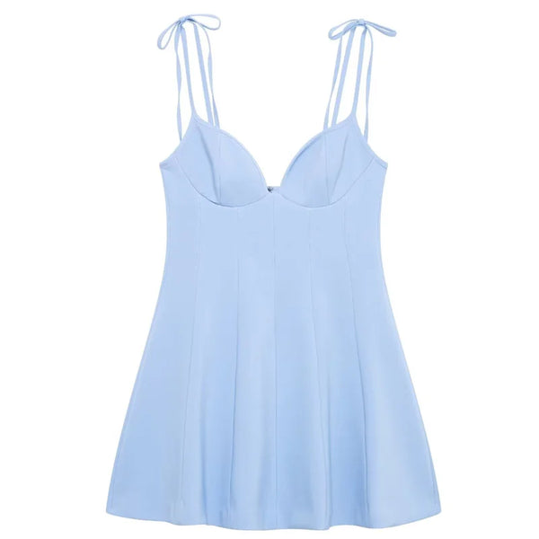 TRAF Women's Blue Slip Dress Summer 2025 Woman Elegant Butterfly Corset Resort Short Dresses Bow Sleeveless Backless Vestido 066