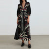 Women's 2025 Spring Bohemian Printed Tie High Waist  Long Sleeve V-Neck  Fashion Waist Dresses