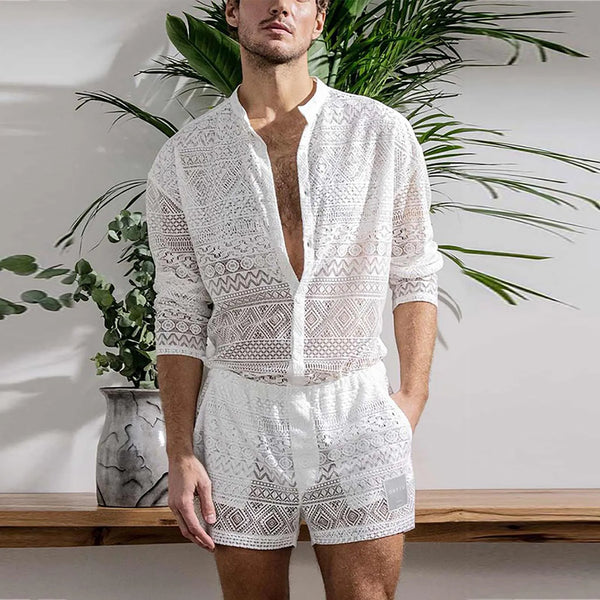 Long Sleeve Shirt set see through Fashion Suit Men'S Comfort Matching Suit Summer Suit Breathable shorts Sportswear Chemise 
