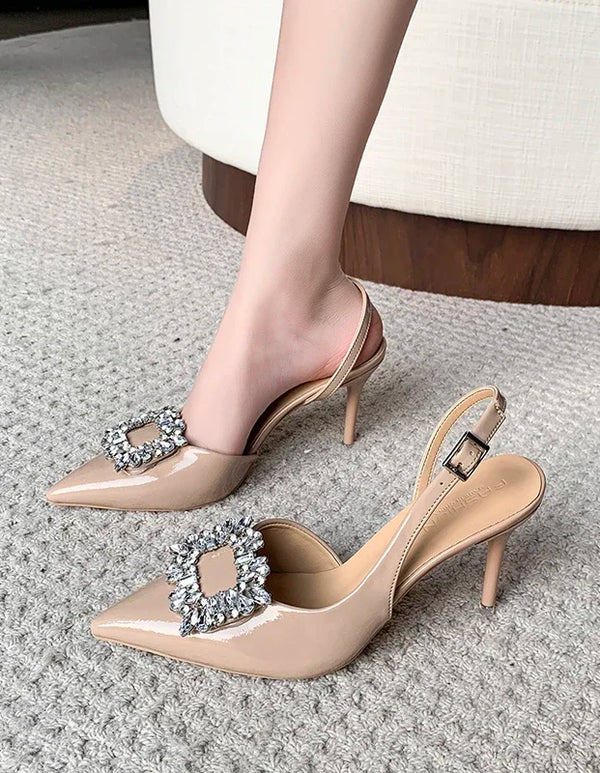 Women's Sandals 2025 Summer New Luxury Shiny Rhinrhinese Embellished Pointy Comfortable Non-slip Stiletto Heels for Women