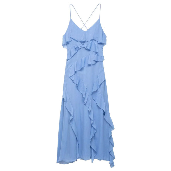TRAFZA Women Chic Sexy V-Neck Sleeveless Backless Wrinkles Decorate Midi Dress Woman Summer Elegant Zipper Beach Party Dress