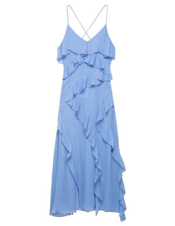 TRAFZA Women Chic Sexy V-Neck Sleeveless Backless Wrinkles Decorate Midi Dress Woman Summer Elegant Zipper Beach Party Dress