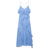 TRAFZA Women Chic Sexy V-Neck Sleeveless Backless Wrinkles Decorate Midi Dress Woman Summer Elegant Zipper Beach Party Dress