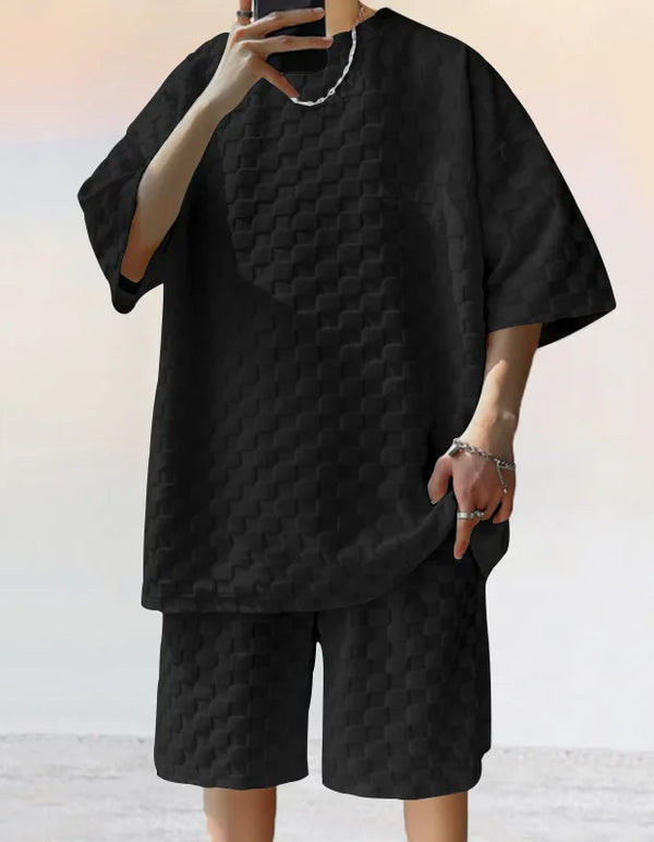 Men's Summer Jacquard Plaid Short-Sleeve T-Shirt And Loose Straight-Leg Casual Shorts Set