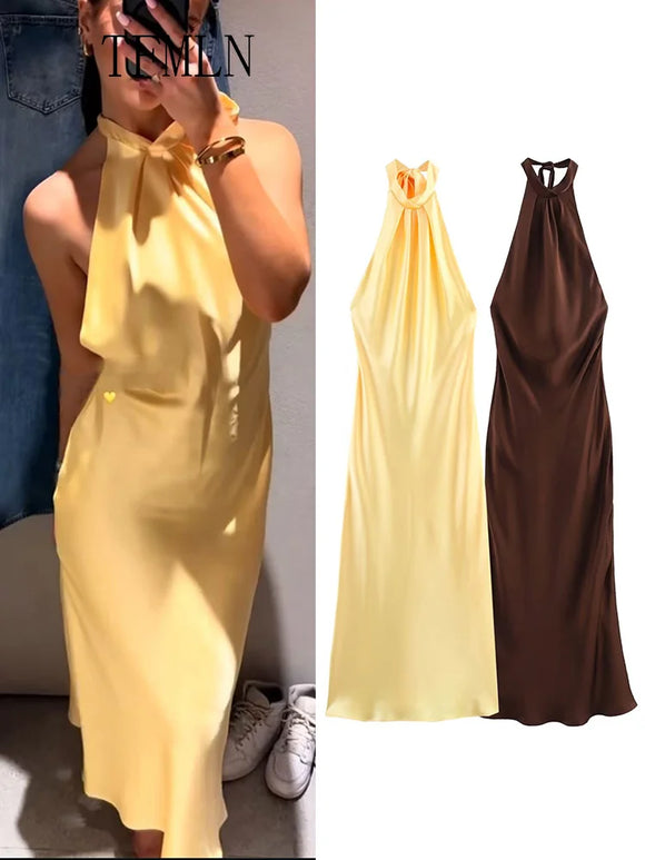 TFMLN Elegant Women Solid Halter Long Dress 2025 Summer Off Shoulder Backless Slim Party Dress Sexy Girls Sleeveless Dresses