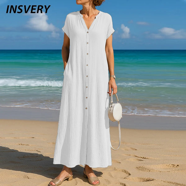 Summer Beach Holiday Maxi Dresses For Women Casual V Neck Short Sleeve Button Shirt Dress Women Loose Long Dress Boho