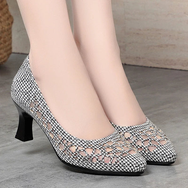Summer Single Shoes Mesh Breathable Versatile High Heels Women's Shoes Middle-Aged Temperament Pointed Toe Shallow Mouth Shoes