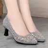 Summer Single Shoes Mesh Breathable Versatile High Heels Women's Shoes Middle-Aged Temperament Pointed Toe Shallow Mouth Shoes