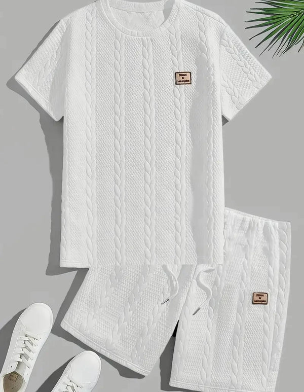 Men's Solid Color JacquardTTwo-piece set of shirt and shorts，Regular Fit Round Neck Short SleeveTShirt and Sports Shorts，Men's S