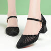 Women Closed Toe Sandals Women's Hollow Flat Mid Heel Women's Chunky Heel  PU Leather Shoes Hollow Mesh Soft Bottom Mom Shoes