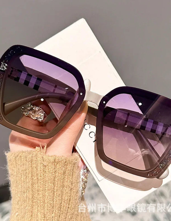 Letter Plaid Glasses Legs Polarized High Definition Sunglasses Women's Light Luxury High Quality Large Frame Sunglasses Gafas