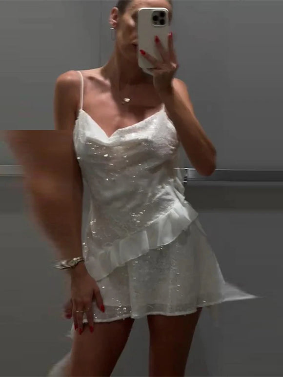Sequin Ruffles Slip Short Dress Women Sexy Glitter Sleeveless Backless Waist Cinching Irregular Dresses Chic Lady New Partywear