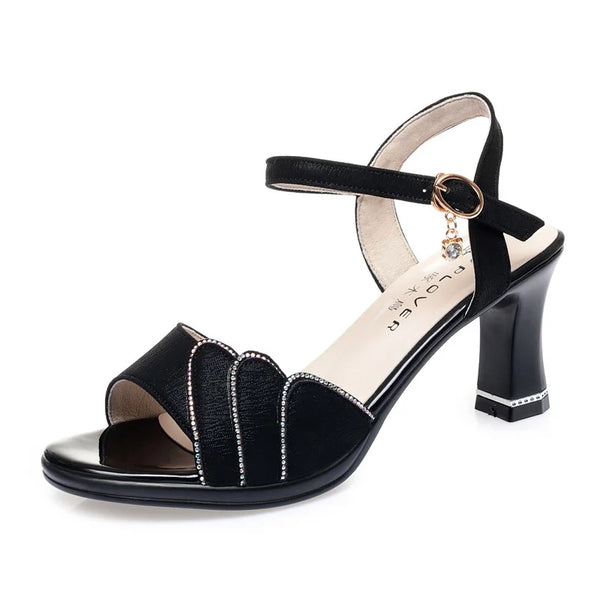 Comfort Soft Leather Sandals Women's Summer Fashion Shoes Mother Thick Heel High Heels Diamond Non-slip  Black Thin Shoes